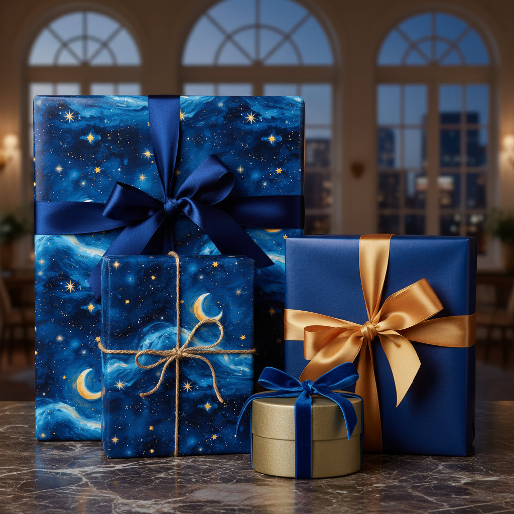 Elegant presents wrapped in navy star wrapping paper, tied with silk ribbon and twine.