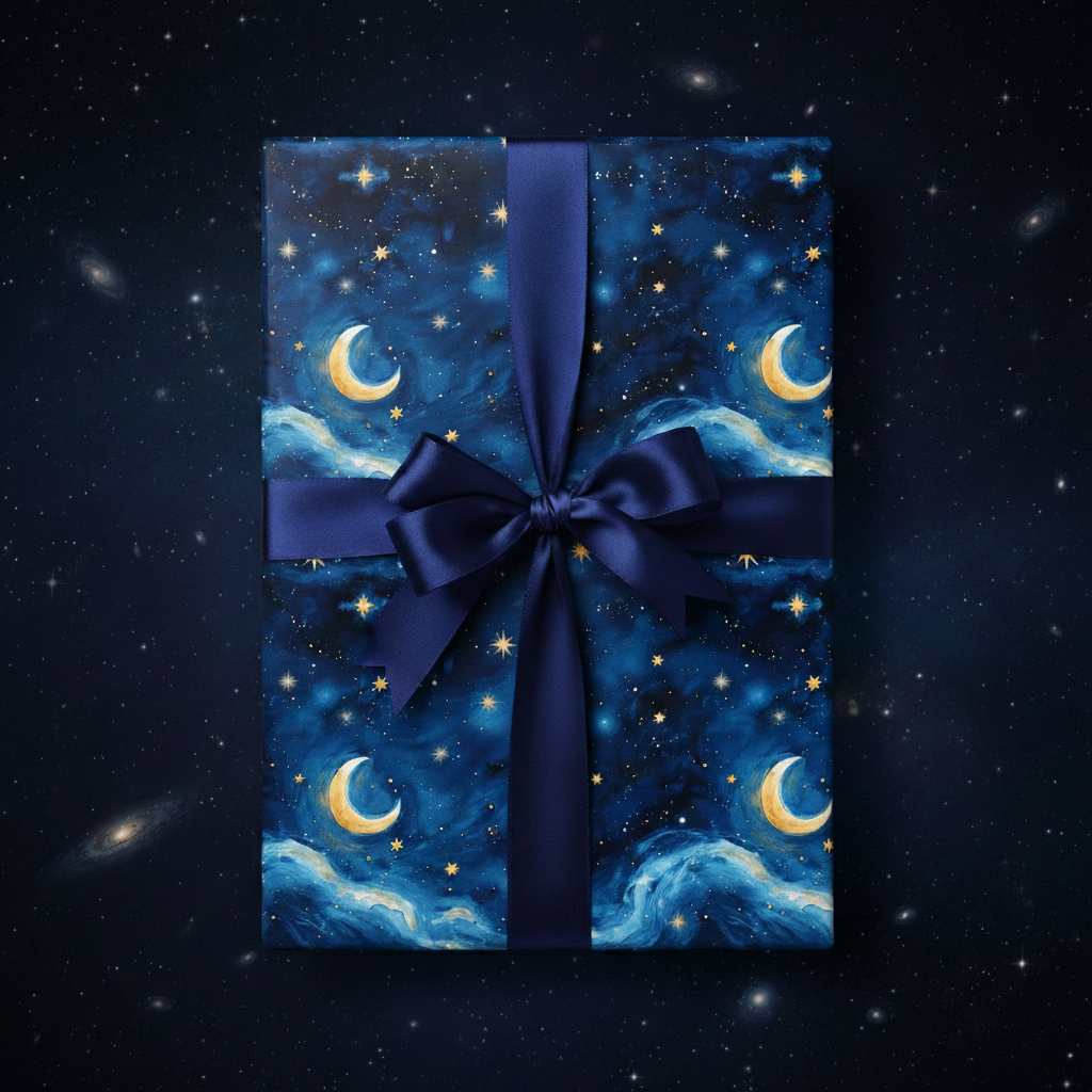 Elegant gift box wrapped in celestial wrapping paper with a navy ribbon and moon and star design.