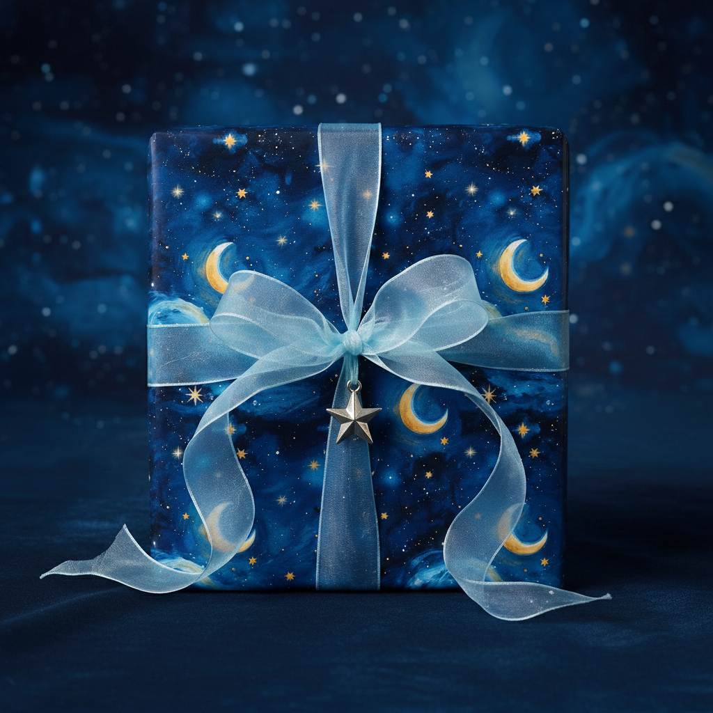 Elegant gift wrapped in celestial wrapping paper with blue ribbon and star charm.