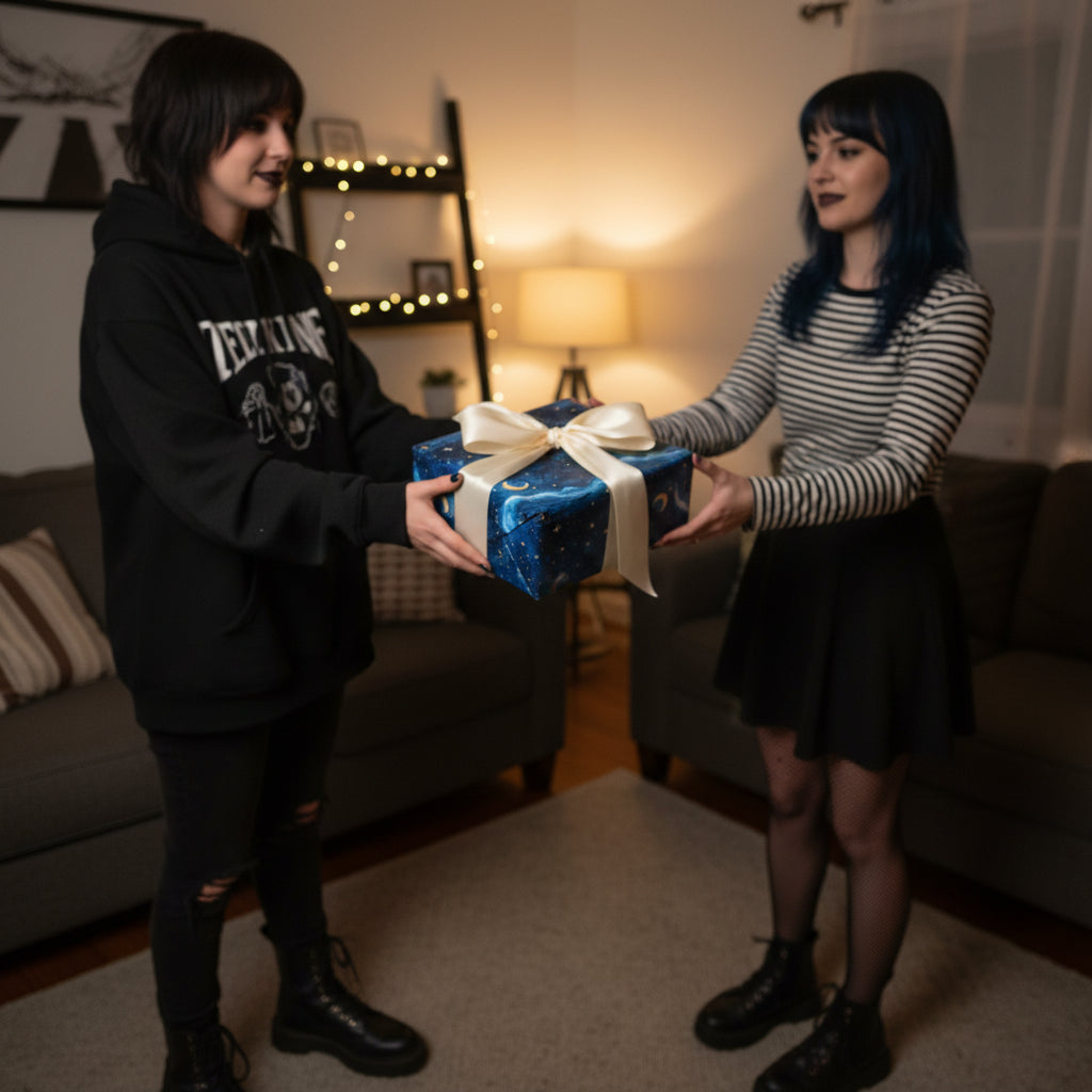 Woman gives a present wrapped in blue celestial-themed paper with a cream satin ribbon.
