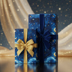 Two gifts wrapped in celestial blue wrapping paper with gold and navy ribbons.