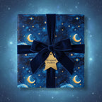 Square gift wrapped in blue celestial wrapping paper with moon and stars, tied with a velvet navy ribbon.