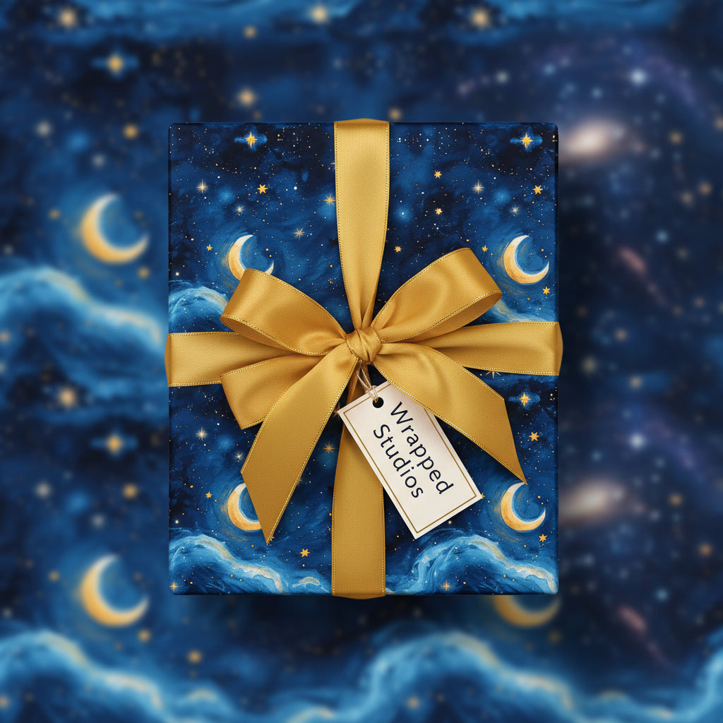 Square gift wrapped in celestial moon and stars wrapping paper with gold ribbon.