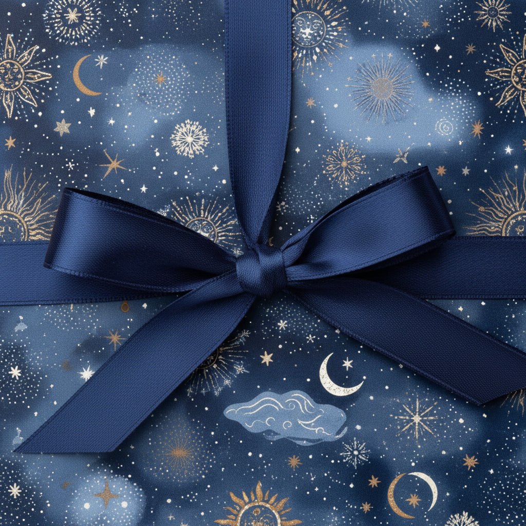 Navy blue gift with gold celestial pattern wrapping paper and matching ribbon bow.