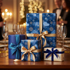 Elegant gifts wrapped in blue celestial wrapping paper with gold ribbons for a special occasion.