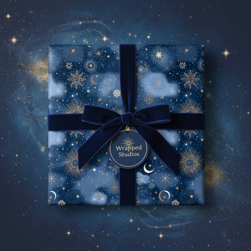 Elegant dark blue gift wrap with gold celestial pattern, velvet ribbon, and "Wrapped Studios" tag.