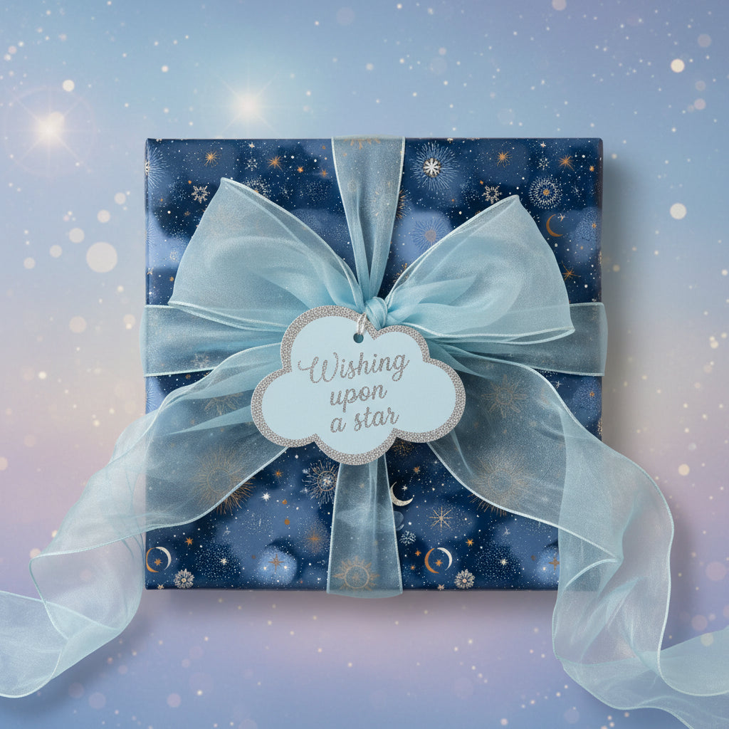 Navy gift box wrapped in celestial star wrapping paper with light blue ribbon and "Wishing upon a star" tag.