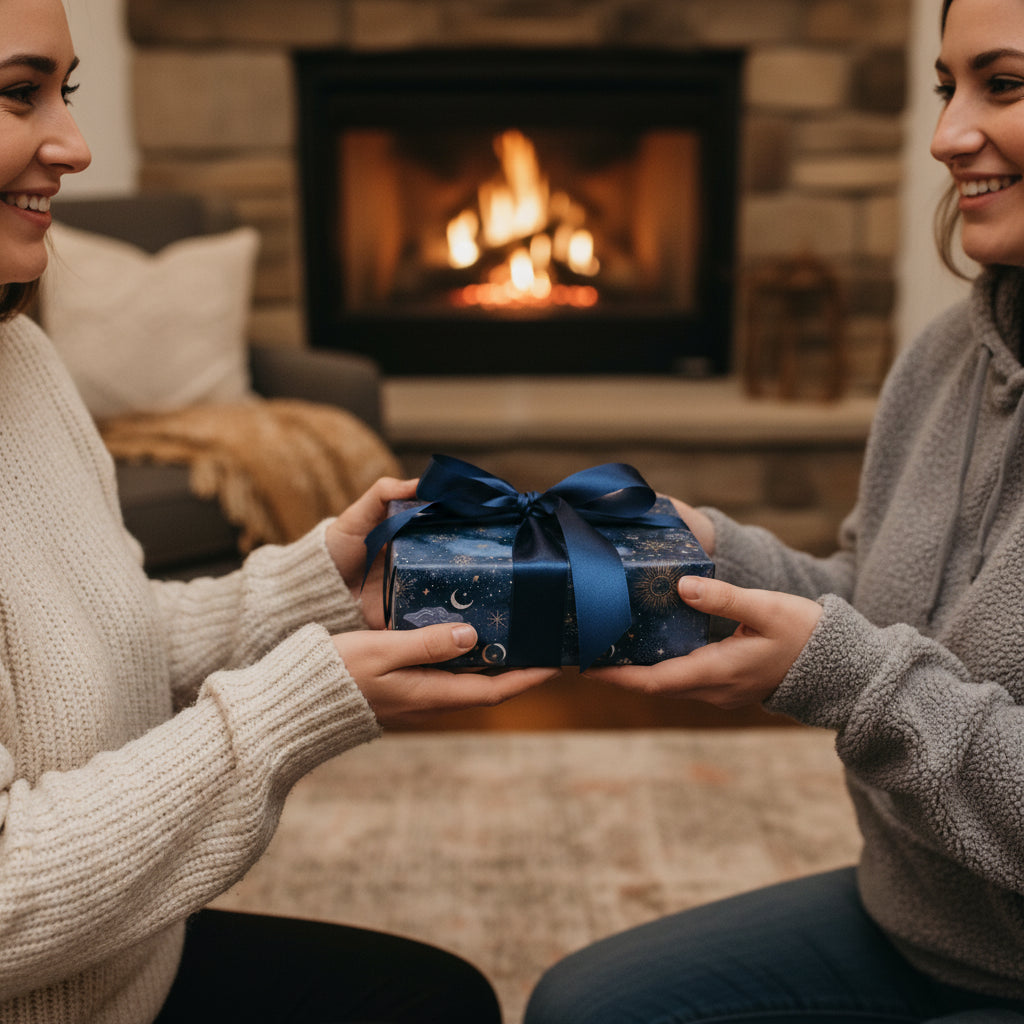 Woman exchanging a Christmas gift wrapped in stylish navy star wrapping paper with a satin ribbon.
