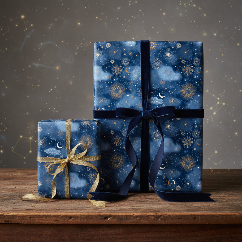Navy celestial wrapping paper with gold sun, moon, and stars design, tied with velvet and metallic ribbon.
