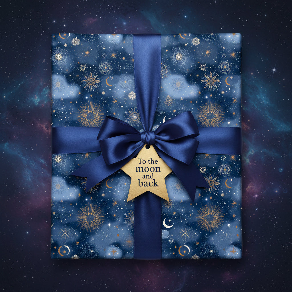 Navy blue celestial wrapping paper featuring stars, moons, and a "To the moon and back" gift tag.