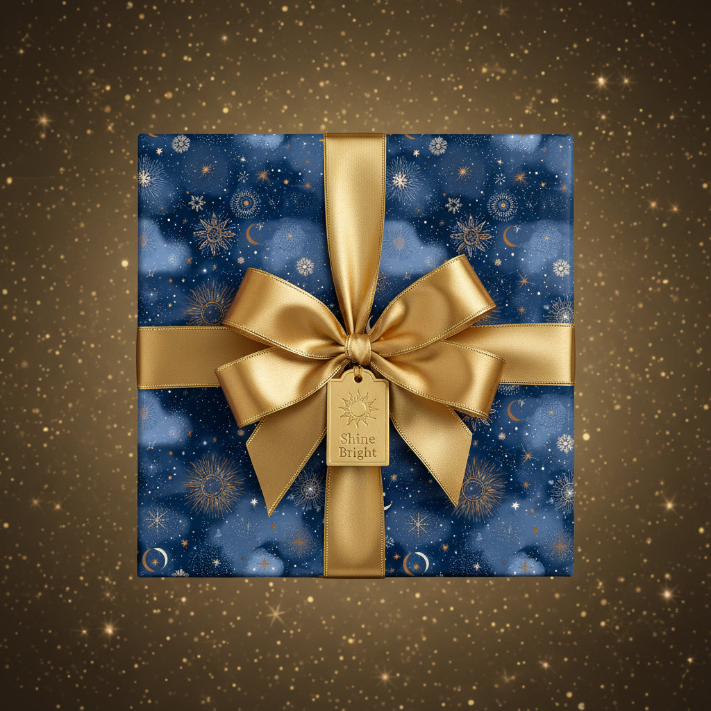 Elegant blue and gold gift wrapped in celestial patterned paper with a satin ribbon bow.