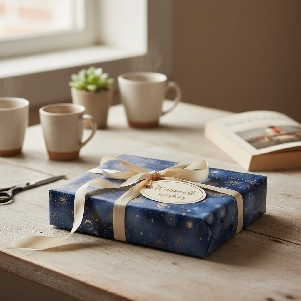 Navy blue gift wrapped with gold ribbon and celestial paper, reading "Warmest Wishes."