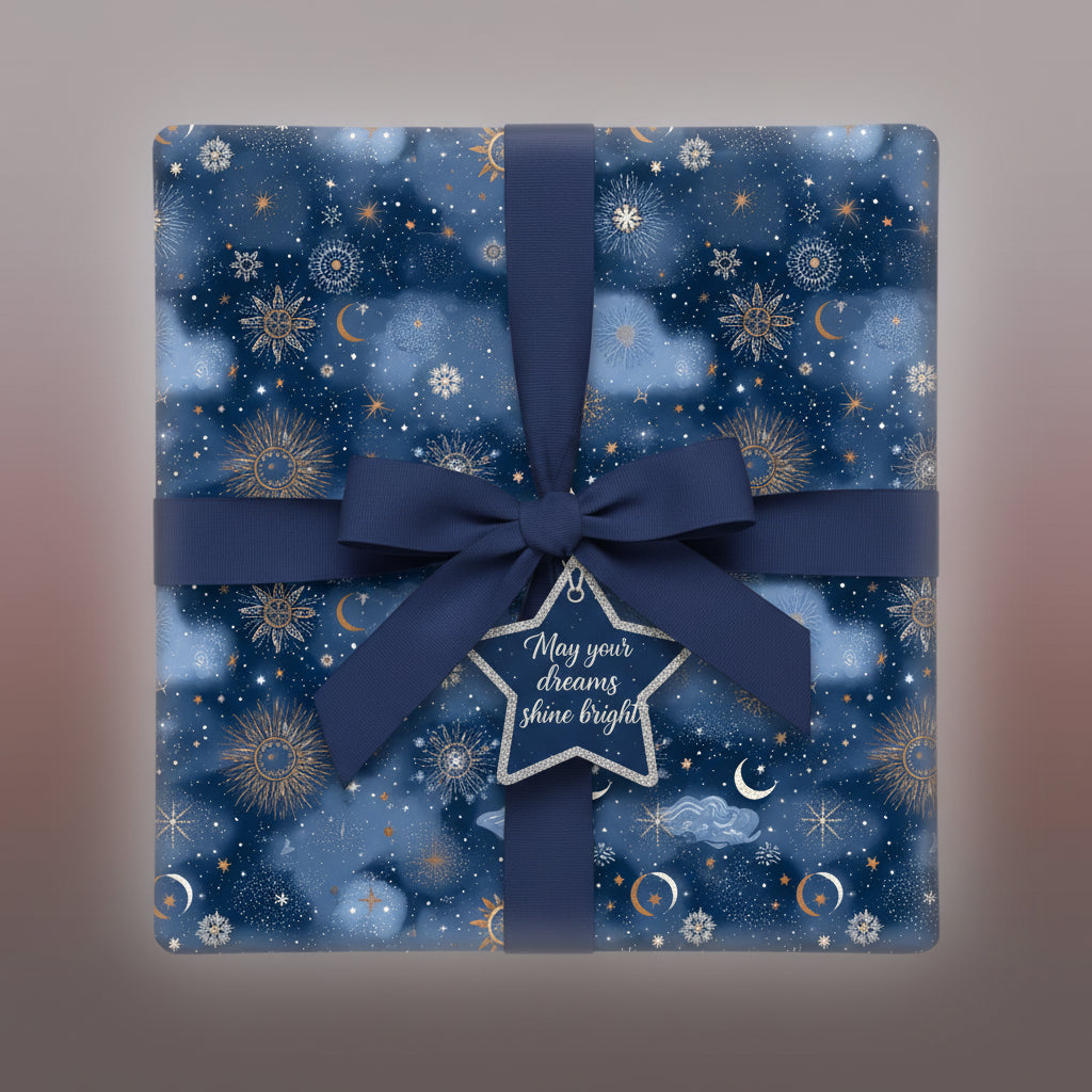 Square gift wrapped in blue celestial wrapping paper with gold accents and a navy bow.