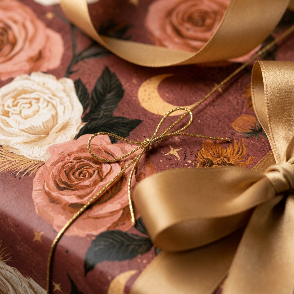 Celestial floral wrapping paper with dusty pink roses and gold ribbon by Wrapped Studios.