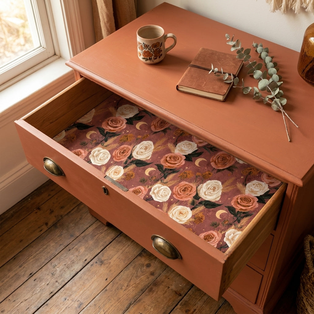 Vintage boho floral wrapping paper with cream roses lining a terracotta dresser drawer by Wrapped Studios.