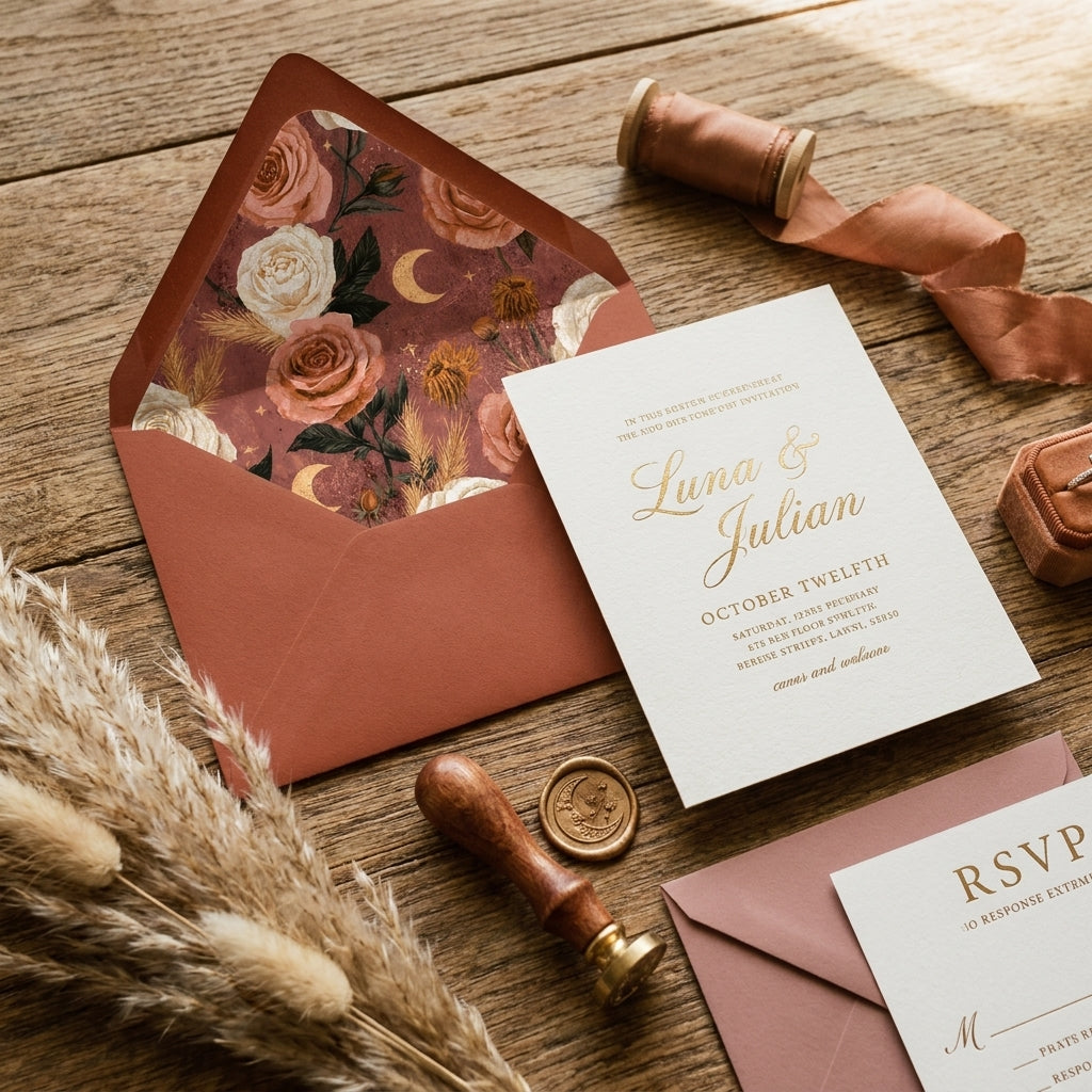 Boho floral wedding invitation suite with terracotta envelope, celestial liner, and wax seal by Wrapped Studios.