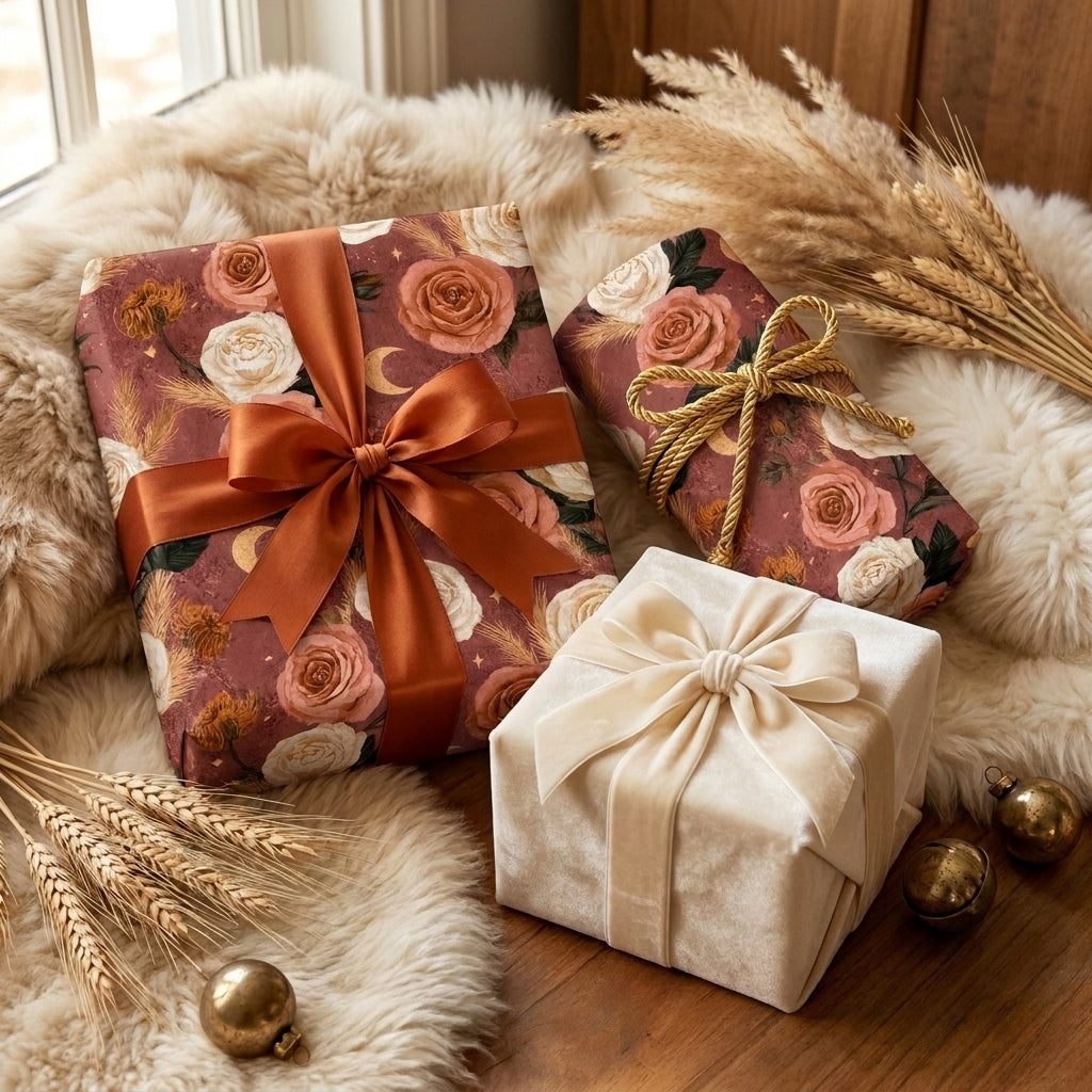 Luxury boho floral wrapping paper in terracotta and cream roses on styled holiday gifts by Wrapped Studios.