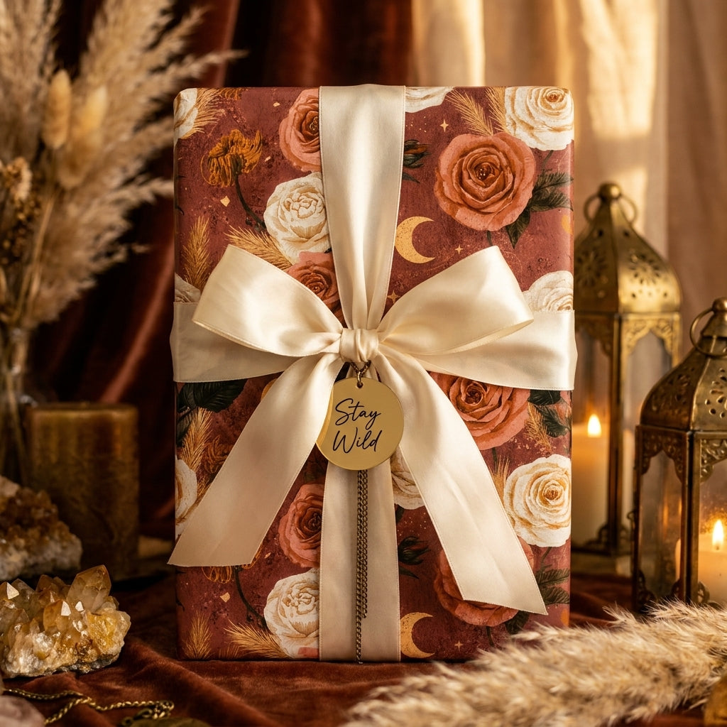 Luxury terracotta boho floral wrapping paper with a cream satin bow on a gift box, by Wrapped Studios.