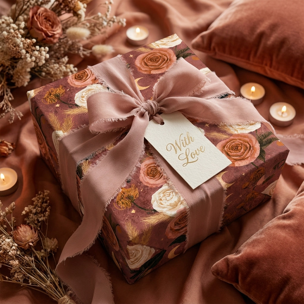 Luxury boho floral wrapping paper with dusty rose ribbon and gift tag by Wrapped Studios.