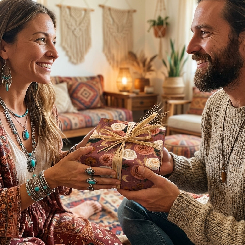 A couple exchanging a gift in rustic boho floral wrapping paper from Wrapped Studios.