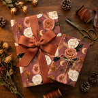 Vintage floral wrapping paper with boho terracotta roses on gift boxes by Wrapped Studios.