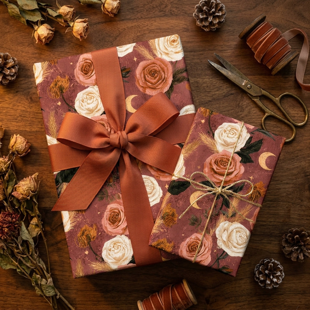 Vintage floral wrapping paper with boho terracotta roses on gift boxes by Wrapped Studios.