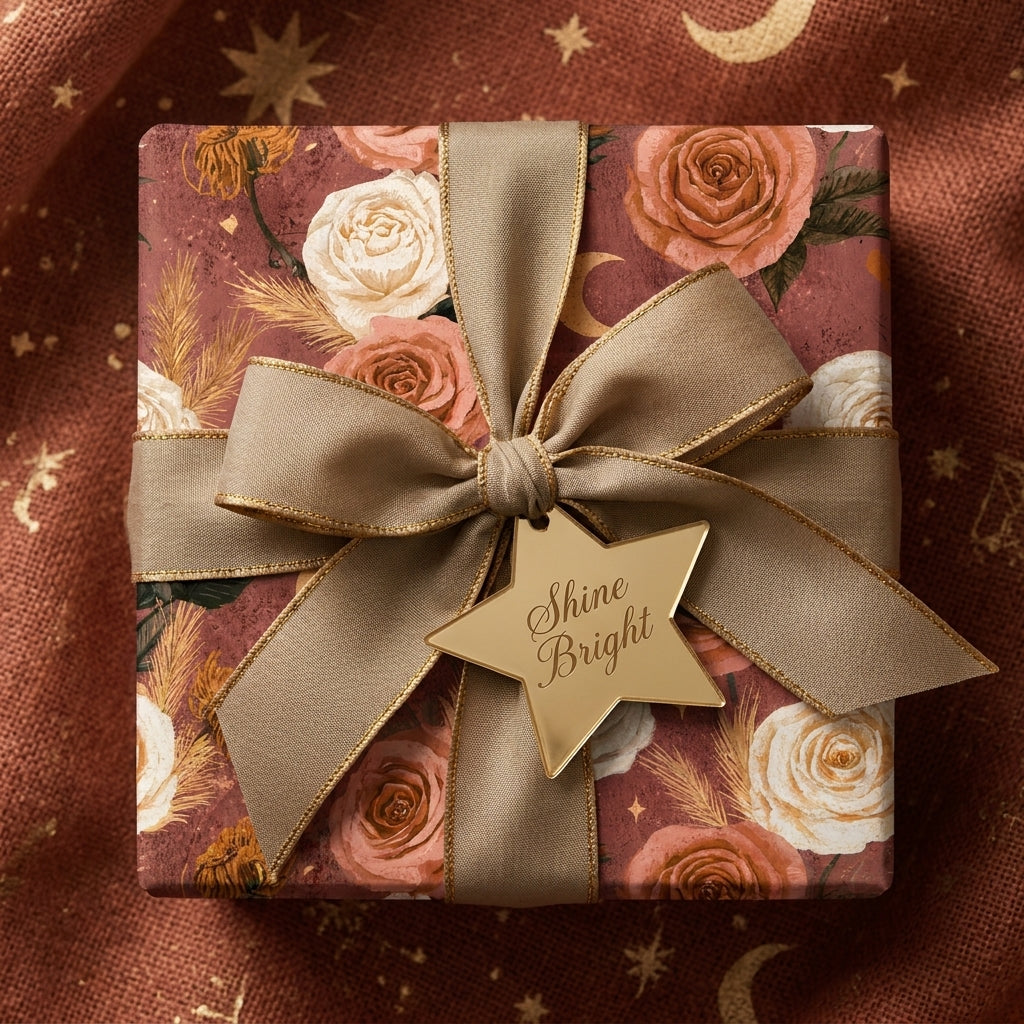 Terracotta boho floral wrapping paper with gold ribbon on a gift box, by Wrapped Studios.