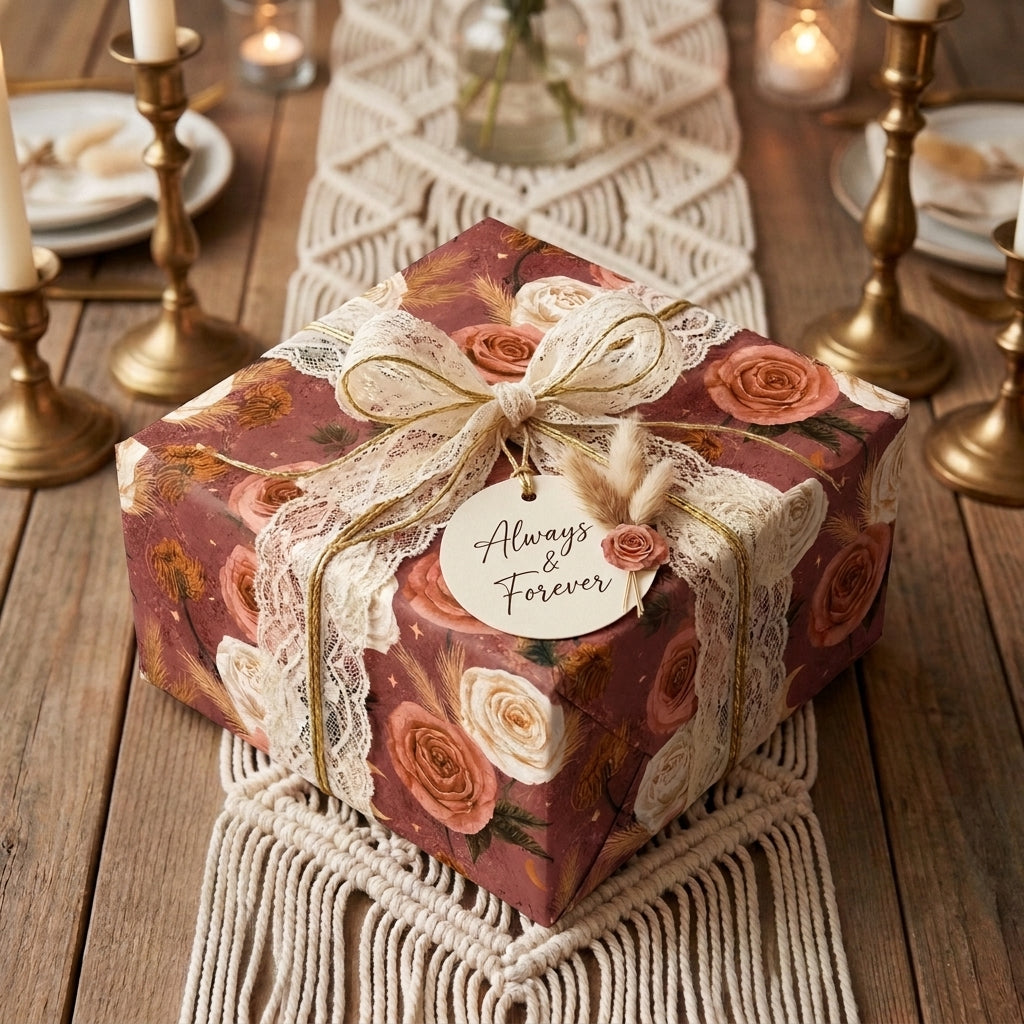 Boho floral wrapping paper with a lace bow on a romantic wedding gift box by Wrapped Studios.