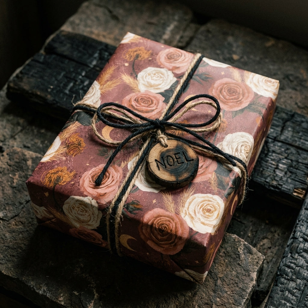 Vintage floral Christmas wrapping paper with a wooden Noel tag and twine by Wrapped Studios.