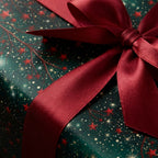 Luxury Christmas wrapping paper with green starry pattern and red satin bow by Wrapped Studios.