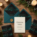 Luxury teal Christmas wrapping paper with star pattern and matching holiday stationery by Wrapped Studios.
