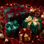 Elegant Christmas wrapping paper with dark green starry patterns and velvet ribbons by Wrapped Studios.
