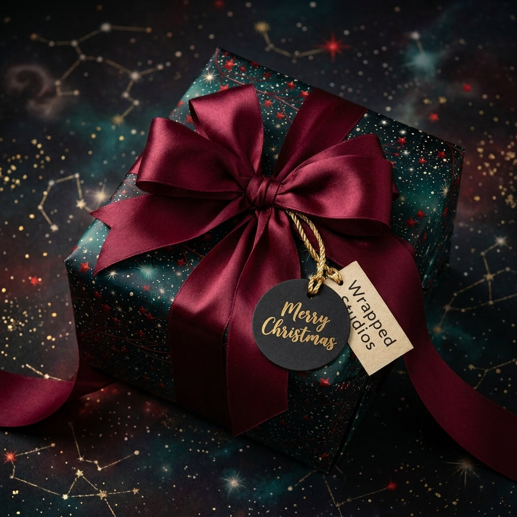 Luxury celestial Christmas gift wrap with a burgundy bow and Merry Christmas tag by Wrapped Studios.