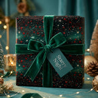 Luxury starry night Christmas wrapping paper with a green velvet bow and festive gift tag by Wrapped Studios.
