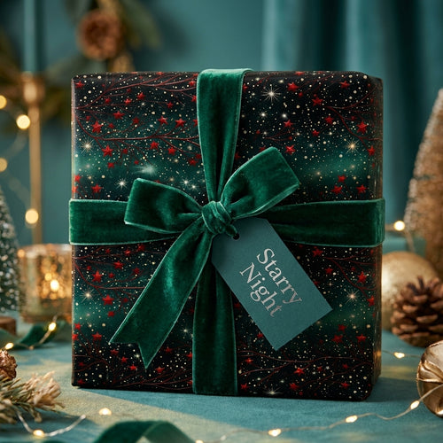 Luxury starry night Christmas wrapping paper with a green velvet bow and festive gift tag by Wrapped Studios.