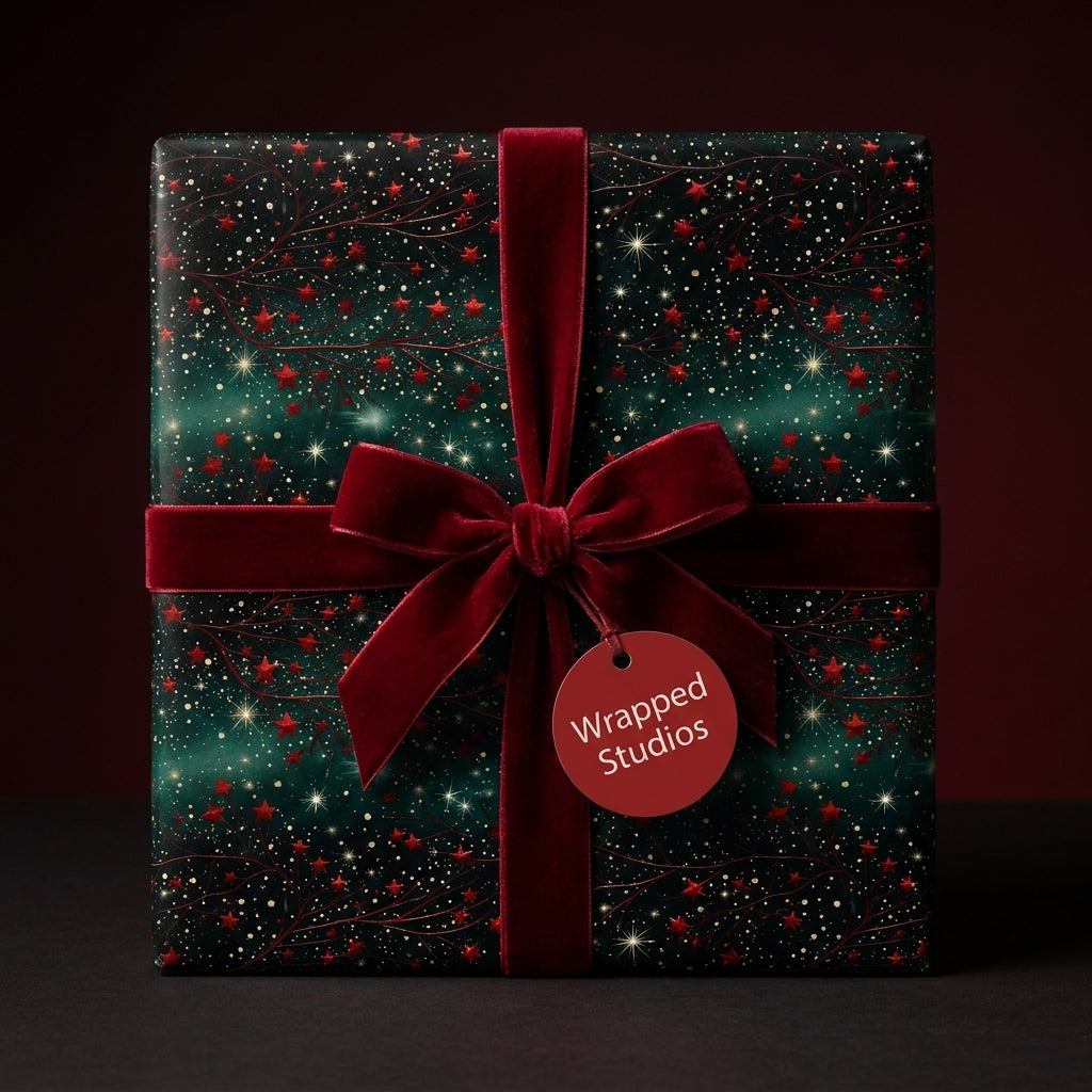 Luxury starry Christmas wrapping paper in forest green with a red velvet bow, by Wrapped Studios.