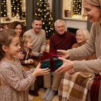 A child receives a holiday gift in luxury green Christmas wrapping paper with a red velvet bow by Wrapped Studios.