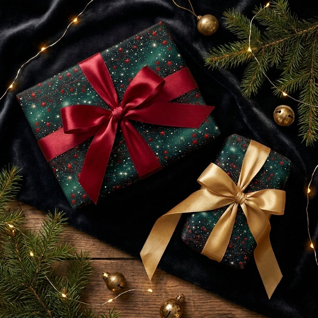 Luxury dark green Christmas wrapping paper with starry patterns and festive bows by Wrapped Studios.