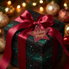 Elegant dark green Christmas gift wrap with gold stars and red satin ribbon by Wrapped Studios.