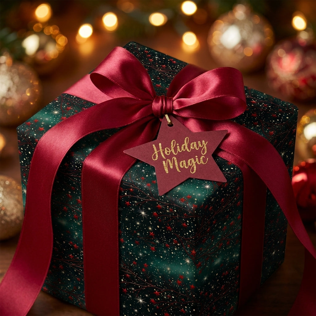 Elegant dark green Christmas gift wrap with gold stars and red satin ribbon by Wrapped Studios.
