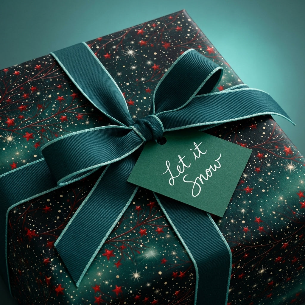Luxury green Christmas wrapping paper with stars, teal bow, and 'Let it Snow' tag by Wrapped Studios.