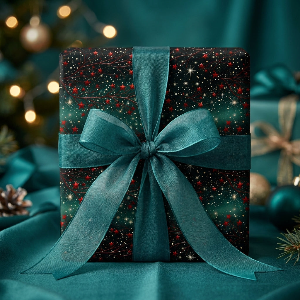 Starry emerald green Christmas gift wrap with a luxury teal satin bow by Wrapped Studios.