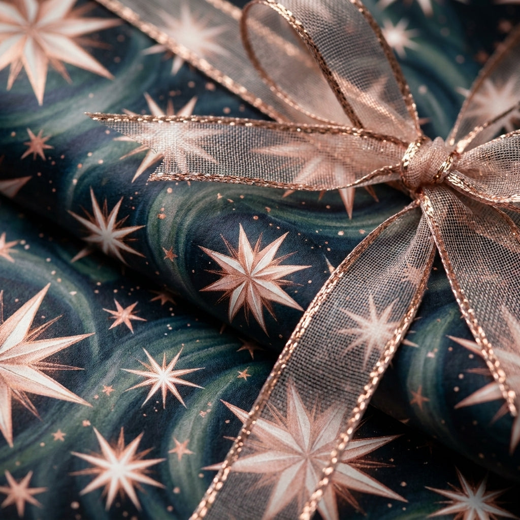 Luxury celestial starry wrapping paper in navy and rose gold with a sheer bow by Wrapped Studios.