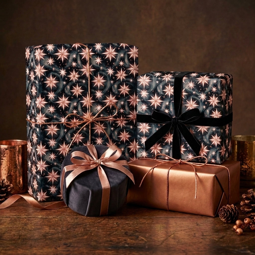 Luxury navy and rose gold celestial Christmas wrapping paper by Wrapped Studios.