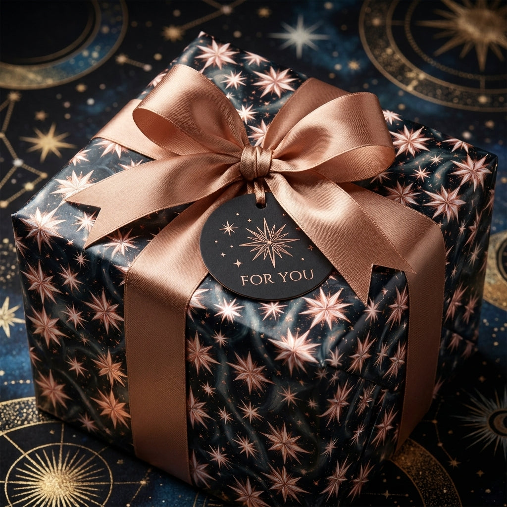 Luxury celestial holiday wrapping paper in navy and rose gold with a satin bow by Wrapped Studios.