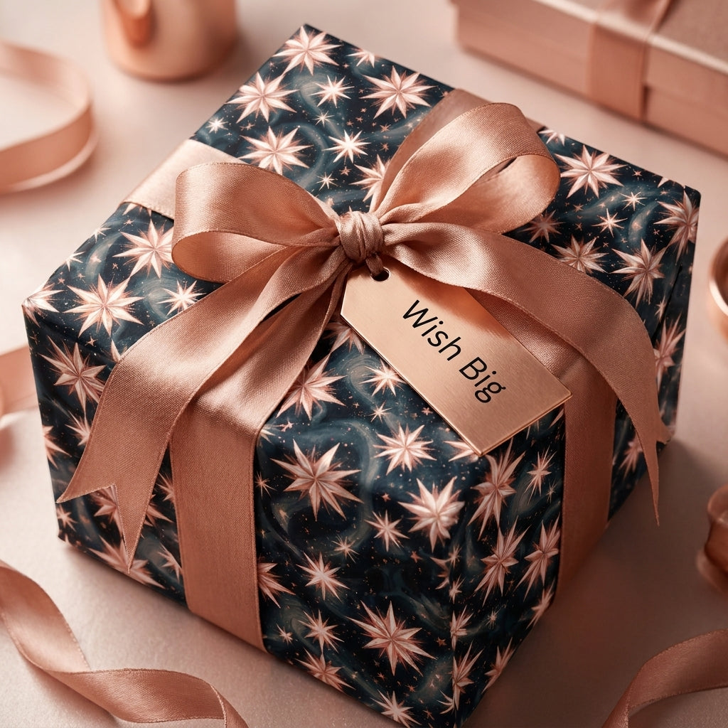 Luxury celestial starburst wrapping paper in navy and rose gold with satin bow, by Wrapped Studios.