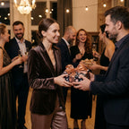 Couple exchanging holiday gift in luxury starry wrapping paper with bronze ribbon by Wrapped Studios.
