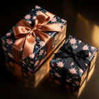 Luxury navy and rose gold star Christmas wrapping paper on elegant gift boxes by Wrapped Studios.