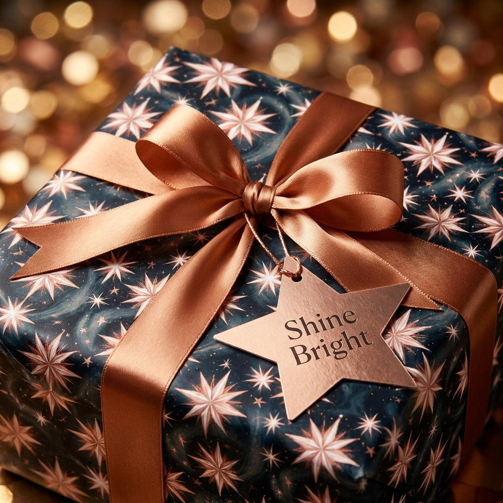 Celestial Christmas gift wrap with rose gold starbursts, satin bow, and Shine Bright tag by Wrapped Studios.