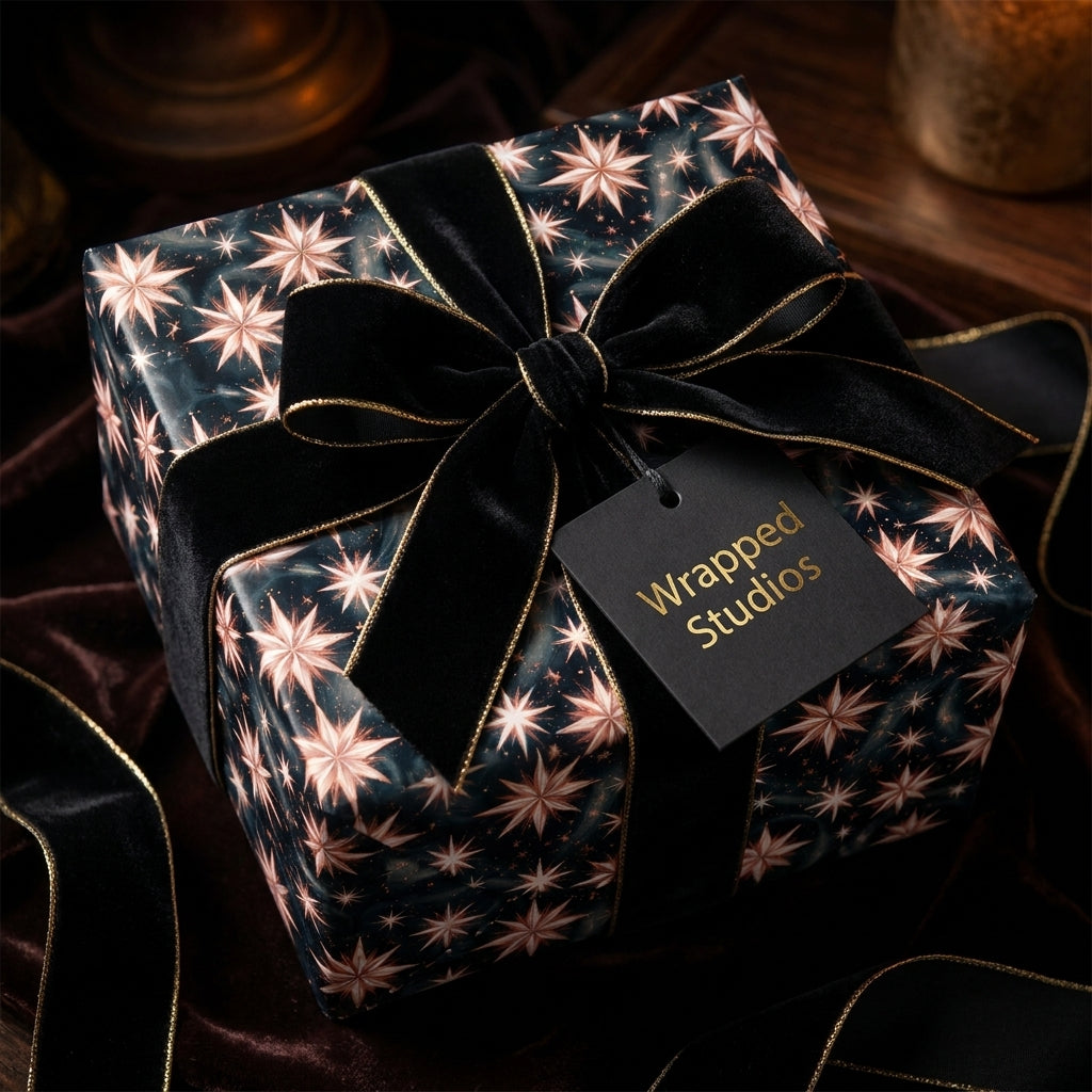 Luxury celestial star wrapping paper with a black velvet bow by Wrapped Studios.